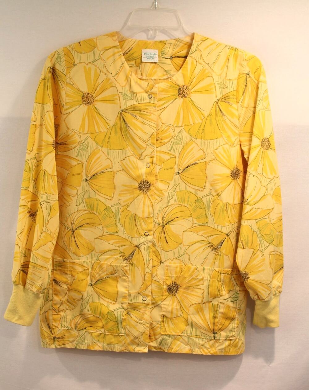 White Knight Vtg Medical Scrub Jacket Womens size M Yellow Floral Pocket Snap Up